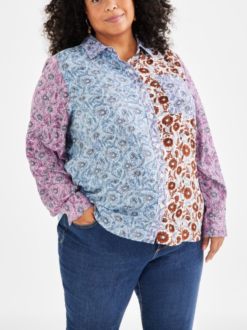 Style & Co Plus Size Blocked Bloom Perfect Shirt Bloom Autumn Summer Size 3X
